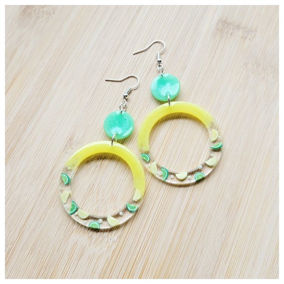 Lemon Lime Earrings Yellow and Green Handmade Large Resin Dangle Earrings - Picture 1 of 11